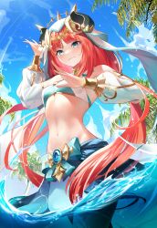 Rule 34 | 1girl, aqua eyes, bare shoulders, blue skirt, blue sky, breasts, circlet, closed mouth, commentary request, cowboy shot, crop top, dancer, day, detached sleeves, genshin impact, hands up, harem outfit, highres, horns, jewelry, long hair, long sleeves, looking at viewer, low twintails, medium breasts, navel, neck ring, nilou (genshin impact), nunsori, outdoors, partially underwater shot, puffy long sleeves, puffy sleeves, red hair, skirt, sky, smile, solo, stomach, twintails, veil, wading, water, wet