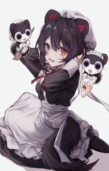 Rule 34 | 1girl, absurdres, animal ears, apron, black dress, black footwear, black hair, broom, cake, crossed bangs, dog, dog ears, dress, dropping, fangs, flower, food, hair between eyes, hair flower, hair ornament, heterochromia, highres, holding, holding broom, holding plate, inui toko, inui toko (7th costume), kneeling, living plush, looking at viewer, looking back, maid, maid headdress, neck ribbon, nijisanji, oha 5250, open mouth, plate, red eyes, red ribbon, ribbon, simple background, smile, solo, strawberry shortcake, sweat, tail, virtual youtuber, waist apron, white apron, white background, white headwear, wrist cuffs, yellow eyes