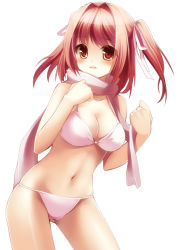 Rule 34 | 1girl, bikini, blush, breasts, brown eyes, cleavage, hair ribbon, large breasts, looking at viewer, navel, open mouth, orange eyes, original, parted lips, pink hair, red hair, ribbon, scarf, shiramori yuse, short hair, simple background, solo, standing, string bikini, swimsuit, twintails, two side up, white background, white bikini