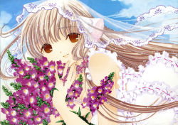 Rule 34 | 00s, 1girl, absurdres, artbook, blonde hair, bouquet, brown eyes, chii, chobits, clamp, day, face, fingernails, flower, frills, highres, jewelry, light smile, long hair, official art, ring, robot ears, scan, sky, smile, solo, traditional media, veil, very long hair, wind
