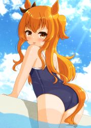 Rule 34 | 1girl, :p, animal ears, ass, azuma satsuki, blue one-piece swimsuit, bow, brown eyes, brown hair, cloud, ear ribbon, highres, horse ears, horse girl, horse tail, long hair, looking at viewer, mayano top gun (umamusume), one-piece swimsuit, outdoors, pool, poolside, school swimsuit, sky, smile, solo, swimsuit, tail, tan, tanline, thighs, tongue, tongue out, two side up, umamusume, wading, water