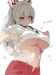 Rule 34 | 1girl, absurdres, banned artist, breasts, fujiwara no mokou, hekiga (freelot), highres, large breasts, long hair, looking at viewer, navel, no bra, overalls, red eyes, ribbon, short sleeves, solo, tank top, touhou, underboob, upper body, white background, white hair