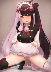 Rule 34 | 1girl, animal ears, asymmetrical legwear, bell, black hair, bow, cat ears, cat girl, clothes lift, double bun, dress, dress lift, emor18 shikeko, frilled dress, frills, hair bun, highres, long hair, long sleeves, maid, mismatched legwear, multicolored hair, nijisanji, open mouth, panties, pussy juice stain, red bow, red eyes, red hair, smile, split-color hair, spread legs, squatting, streaked hair, striped clothes, striped panties, thighhighs, twintails, two-tone hair, underwear, vertical-striped clothes, vertical-striped panties, virtual youtuber, white hair, yorumi rena, yorumi rena (5th costume)