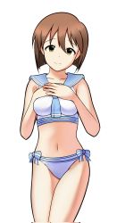 Rule 34 | 1girl, blue bow, blue neckerchief, blue sailor collar, bow, breasts, brown eyes, brown hair, collarbone, cowboy shot, dot nose, hagiwara yukiho, hair between eyes, hands on own chest, highres, idolmaster, idolmaster (classic), legs, looking at viewer, medium breasts, navel, neckerchief, one-piece swimsuit, r difficile, sailor collar, sailor swimsuit (idolmaster), short hair, smile, solo, stomach, swimsuit, thighs, white background, white one-piece swimsuit