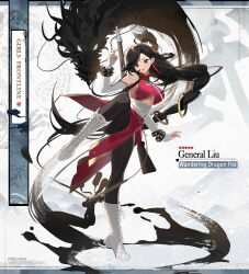 Rule 34 | 1girl, :o, bahao diqiu, black eyes, black hair, black pantyhose, boots, bracelet, breasts, bridal gauntlets, china dress, chinese clothes, commentary, cross-laced footwear, dragon, dress, earrings, eastern dragon, elbow gloves, english commentary, english text, fighting stance, full body, general liu (girls&#039; frontline), general liu (wandering dragon fist) (girls&#039; frontline), general liu rifle, girls&#039; frontline, gloves, gun, gun on back, ink, jewelry, knee boots, knee up, lace-up boots, large breasts, long hair, looking at viewer, official alternate costume, official art, open mouth, pantyhose, red dress, ring hair ornament, second-party source, simple background, solo, spiked bracelet, spikes, standing, standing on one leg, star (symbol), tassel, tassel earrings, underboob, v-shaped eyebrows, very long hair, weapon, weapon on back, white background, white bridal gauntlets, white footwear, white gloves