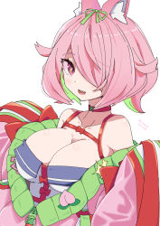 Rule 34 | + +, 1girl, animal ear fluff, animal ears, azuchi momo, breasts, censored, choker, collarbone, commentary request, dated, fox ears, fox girl, green hair, green ribbon, hair over one eye, hair ribbon, highres, kichihachi, large breasts, long hair, looking at viewer, multicolored hair, nijisanji, pink eyes, pink hair, red choker, ribbon, short hair, simple background, solo, twitter username, two-tone hair, virtual youtuber, white background