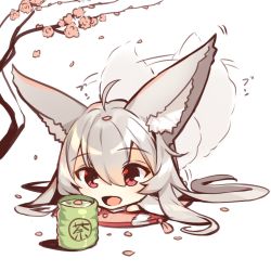 Rule 34 | 1girl, :d, afterimage, ahoge, animal ear fluff, animal ears, blush, branch, chibi, cup, flower, fox ears, fox girl, fox tail, hair between eyes, highres, japanese clothes, kimono, long hair, long sleeves, lying, on stomach, open mouth, original, petals, red eyes, red flower, shadow, smile, solo, tail, tail wagging, tea, very long hair, white background, white kimono, wide sleeves, yunomi, yuuji (yukimimi)