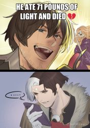 Rule 34 | ..., 2koma, 3boys, adventurer (ff14), annoyed, blue eyes, broken heart, brown hair, cellphone, comic, earrings, emet-selch, english text, facial hair, final fantasy, final fantasy xiv, frown, fur trim, furrowed brow, garlean, gloves, hair between eyes, hand up, he ate 71 pounds of sand and died (meme), heart, highres, holding, holding phone, hyur, innocence (final fantasy), jewelry, looking at viewer, male focus, meme, multicolored hair, multiple boys, nashoki, open mouth, phone, pointing, pointing at another, portrait, scar, scar across eye, short hair, signature, smartphone, smile, sparkle, spoken ellipsis, stubble, teeth, third eye, twitter username, two-tone hair, upper teeth only, warrior of light (ff14), white gloves, white hair, yellow eyes