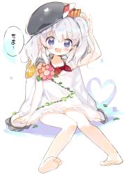 Rule 34 | 1girl, :d, absurdres, aged down, atsumi jun, barefoot, beret, blue eyes, chromatic aberration, dress, epaulettes, hat, highres, kantai collection, kashima (kancolle), looking at viewer, open mouth, silver hair, sitting, smile, solo, twintails, wavy hair