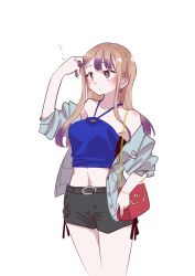 Rule 34 | 1girl, arm up, bare shoulders, black shorts, blue jacket, blue shirt, blush, boku no kokoro no yabai yatsu, breasts, brown eyes, colored tips, cowboy shot, earrings, highres, holding, holding own hair, hoop earrings, jacket, jewelry, large breasts, light brown hair, long hair, looking at hand, mole, mole on neck, multicolored hair, navel, off shoulder, official alternate hair color, official art, purple hair, red bag, sakurai norio, shirt, shorts, simple background, sleeveless, sleeveless shirt, solo, standing, stomach, straight hair, white background, yamada anna