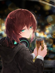 Rule 34 | 1girl, absurdres, black jacket, blurry, blurry background, blush, bokeh, can, canned coffee, coffee, crystalherb, depth of field, drink can, green eyes, hair between eyes, headphones, headphones around neck, highres, holding, holding can, hood, hood down, hooded jacket, jacket, long sleeves, looking at viewer, looking back, original, red hair, short hair, sidelocks, solo, sweater, white sweater