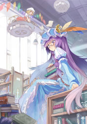 Rule 34 | 2girls, absurdres, alternate costume, ascot, bespectacled, blonde hair, blush, book, bookshelf, candelabra, candlestand, crystal, dress, feathers, flandre scarlet, glasses, hat, highres, library, long hair, mob cap, multiple girls, patchouli knowledge, purple eyes, purple hair, red eyes, ribbon, short hair, side ponytail, sitting, skirt, smile, touhou, very long hair, vest, voile, wings, x-boy