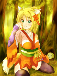 Rule 34 | 10s, 1girl, absurdres, animal ears, black thighhighs, blonde hair, breasts, collarbone, dog days, forest, fox ears, fox tail, green eyes, hair ornament, highres, japanese clothes, kimono, large breasts, long hair, looking at viewer, mizukuso, nature, obi, ponytail, sash, sitting, solo, tail, thighhighs, wariza, yukata, yukikaze panettone