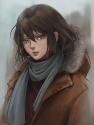 Rule 34 | 1girl, absurdres, blue eyes, blurry, blurry background, brown hair, chuby mi, closed mouth, coat, film grain, fur trim, hair between eyes, highres, hood, hood down, hooded coat, lips, looking at viewer, open clothes, open coat, original, portrait, scarf, short hair, signature, simple background, solo, sweater, turtleneck, turtleneck sweater