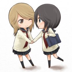 2girls bad_id bad_pixiv_id chibi girl_friends_(manga) holding_hands kumakura_mariko multiple_girls naraken_(girlfriends) oohashi_akiko wink yuri