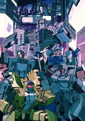 Rule 34 | 1980s (style), 5boys, borezet, breakdown (transformers), building, city, dead end, decepticon, dragstrip, glowing, glowing eyes, green eyes, highres, holding, industrial pipe, insignia, knife, looking at viewer, machine, machinery, mecha, motormaster, multiple boys, no humans, oldschool, outdoors, personification, red eyes, retro artstyle, robot, smile, stunticon, town, transformers, weapon, wildrider