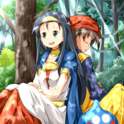 Rule 34 | 1boy, 1girl, back-to-back, brown hair, closed eyes, day, dragon quest, dragon quest viii, forest, green eyes, hero (dq8), long hair, medea (dq8), nature, open mouth, outdoors, ruu (tksymkw), short hair, slime (dragon quest), square enix