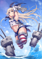 Rule 34 | 1girl, armpits, arms up, black hairband, black panties, blonde hair, blue sky, blush, breasts, cloud, commentary request, crop top, day, elbow gloves, gloves, grey eyes, hairband, highleg, highleg panties, highres, holding, holding weapon, kantai collection, long hair, looking at viewer, medium breasts, midriff, navel, ocean, outdoors, panties, rensouhou-chan, rigging, sailor collar, school uniform, serafuku, shimakaze (kancolle), short shorts, shorts, sideboob, sky, small breasts, striped clothes, striped thighhighs, thighhighs, turret, underwear, weapon, white gloves, zombie mogura