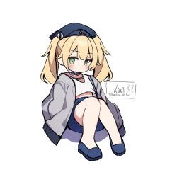 Rule 34 | 1girl, blonde hair, blue footwear, blue hat, blue skirt, dokibird (vtuber), full body, green eyes, grey jacket, hat, indie virtual youtuber, jacket, jewelry, kaniluvv, long hair, necklace, no mouth, open clothes, open jacket, pointy ears, shirt, shoes, simple background, sitting, skirt, solo, twintails, virtual youtuber, white background, white shirt