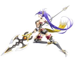 Rule 34 | 1girl, ass, blue hair, boots, breasts, detached sleeves, full body, high heel boots, high heels, holding, holding weapon, huge weapon, large breasts, long hair, official art, open mouth, phantom of the kill, polearm, sideboob, simple background, spear, takenaka iku, thigh boots, thighhighs, very long hair, weapon, white background