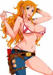 Rule 34 | 1girl, :p, arm behind head, asymmetrical clothes, bad id, bad pixiv id, bangle, bikini, bracelet, breasts, brown eyes, cutoffs, denim, earrings, hanzaki jirou, holster, jeans, jewelry, large breasts, log pose, long hair, nami (one piece), navel, nipples, one piece, orange hair, panties, pants, simple background, solo, swimsuit, tattoo, thong, tongue, tongue out, underwear, undressing, untying, white background