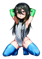 Rule 34 | 1girl, absurdres, arms behind head, black hair, blue thighhighs, breasts, cameltoe, chestnut mouth, clothes writing, commentary request, covered navel, elbow gloves, exia (nikke), full body, gloves, goddess of victory: nikke, green gloves, hair between eyes, highres, kneeling, long hair, long hair between eyes, looking at viewer, okusaka maeue, one-piece swimsuit, petite, purple eyes, simple background, small breasts, solo, swimsuit, thighhighs, turtleneck, white background, white one-piece swimsuit