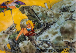 Rule 34 | 1980s (style), 1988, 1girl, bag, bare legs, barefoot, beach umbrella, blonde hair, blue eyes, breasts, closed mouth, cockpit, commentary, copyright name, cyberpunk, damaged, dated, dirty, dragon, dragon&#039;s heaven, english text, food, hand on own knee, holding, holding umbrella, ikuuru, knees up, kobayashi makoto (illustrator), legs, logo, long hair, machinery, mecha, moebius (style), official art, oldschool, open hatch, parasol, parted bangs, pilot chair, plate, poster (medium), retro artstyle, robot, shaian (robot), simple background, sitting, smile, tank top, umbrella, yellow background
