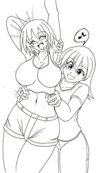 Rule 34 | 2girls, armpits, arms up, blush, closed eyes, grin, happy, kusuguru, laughing, monochrome, multiple girls, navel, open mouth, shorts, smile, sweat, tank top, tickling