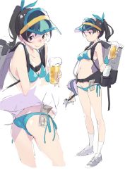 Rule 34 | 1girl, alcohol, ass, beer, belt, bikini, black eyes, black hair, blue bikini, breasts, commentary request, cup, drinking glass, glass, grey footwear, highres, holding, long hair, lowleg, lowleg bikini, money, multiple views, object in clothes, object in swimsuit, original, ponytail, popman3580, shoes, side-tie bikini bottom, simple background, small breasts, sneakers, socks, standing, swimsuit, tucked money, utility belt, visor cap, white background