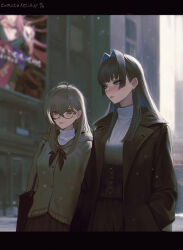 Rule 34 | 2girls, ahoge, artist name, bag, black border, black coat, blue eyes, blue hair, blurry, blurry background, blush, border, brown eyes, building, casual, closed mouth, coat, commentary, earrings, english commentary, glasses, grey hair, hair intakes, hand in pocket, handbag, highres, hololive, hololive english, hood, hooded jacket, jacket, jewelry, long hair, multiple girls, nanashi mumei, ouro kronii, outdoors, sweater, tomatoketchup96, turtleneck, turtleneck sweater, virtual youtuber, white sweater