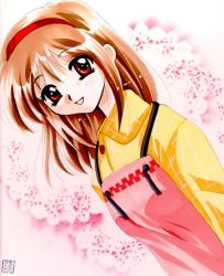 Rule 34 | 1girl, apron, brown hair, hairband, kanna (plum), kanon, open mouth, pink apron, red eyes, smile, solo, tsukimiya ayu