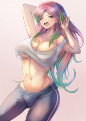 Rule 34 | 1girl, armpits, arms behind head, arms up, bare shoulders, blush, breasts, cleavage, collarbone, crop top, crop top overhang, green hair, highres, large breasts, long hair, looking at viewer, multicolored hair, navel, ohako (ohako1818), one eye closed, open mouth, original, pants, parted bangs, pink hair, shirt, simple background, solo, sweatpants, thighs, two-tone hair, white shirt