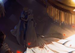 Rule 34 | 2girls, ahoge, artoria pendragon (fate), artoria pendragon (lancer) (fate), bad id, bad twitter id, bare shoulders, blonde hair, braid, cape, chandelier, closed eyes, commentary, dancing, dress, fate/grand order, fate (series), french braid, gown, hair between eyes, hand on another&#039;s back, highres, incest, morgan le fay (fate), multicolored hair, multiple girls, petals, rose petals, siblings, sisters, strapless, strapless dress, thighhighs, white cape, yorukun, yuri