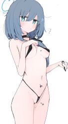 Rule 34 | 1girl, aqua eyes, bikini, black bikini, black choker, blue archive, blue hair, blue halo, blush, choker, closed mouth, halo, highres, holding, holding marker, long hair, looking at viewer, marker, mikozin, navel, pussy juice, simple background, solo, standing, swimsuit, thighs, white background