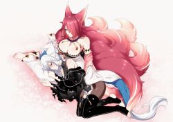 Rule 34 | 2girls, animal ears, bare shoulders, barefoot, black legwear, breasts, brown legwear, cleavage, closed mouth, commentary request, detached sleeves, fox ears, fox tail, hair over one eye, japanese clothes, jewelry, kimono, konshin, lap pillow, large breasts, long sleeves, lying, multiple girls, multiple tails, necklace, obi, on side, original, pantyhose, pearl necklace, red eyes, red hair, sash, sitting, smile, stirrup legwear, tail, thighhighs, toeless legwear, white hair, white kimono, yokozuwari