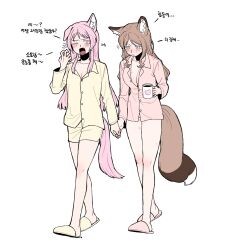 Rule 34 | 2girls, animal ears, ast.rockett, bang dream!, bang dream! it&#039;s mygo!!!!!, bare legs, blue eyes, blush, breasts, brown hair, chihaya anon, cleavage, closed mouth, coffee mug, commentary, cup, dog ears, dog girl, dog tail, fox ears, fox girl, fox tail, full body, grey eyes, hickey, highres, holding, holding cup, holding hands, kemonomimi mode, large breasts, long hair, long sleeves, mug, multiple girls, nagasaki soyo, no pants, one eye closed, pajamas, pink footwear, pink hair, pink shirt, shirt, shorts, simple background, slippers, tail, tears, waking up, walking, white background, yawning, yellow shirt, yellow shorts, yuri