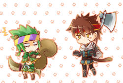 Rule 34 | 2boys, ^^^, animal ears, artist request, axe, belt, brown hair, cape, carine, cat ears, cat tail, chibi, d:, earrings, elk (ys), falcom, geis, geis (ys), gloves, green hair, halberd, headband, jacket, jewelry, multiple boys, necklace, open mouth, polearm, poncho, ponytail, simple background, squirrel ears, squirrel tail, stalking, surprised, sword, tail, topless male, weapon, yellow eyes, ys, ys seven