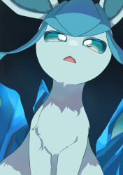 Rule 34 | absurdres, animal focus, blue eyes, blue hair, c62r8myfyiuhf5d, creatures (company), fang, game freak, gen 4 pokemon, glaceon, highres, nintendo, no humans, open mouth, pokemon, pokemon (creature), sidelocks, sitting, solo