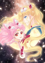 Rule 34 | 2girls, bishoujo senshi sailor moon, bishoujo senshi sailor moon s, blonde hair, blue eyes, blue sailor collar, bow, brooch, chibi usa, choker, circlet, colored eyelashes, cone hair bun, crescent, crescent earrings, earrings, english text, floating hair, from side, full moon, hair bun, hair ornament, hairclip, heart, heart brooch, jewelry, moon, multiple girls, nickii25, night, night sky, parted bangs, petals, pink hair, profile, red bow, red eyes, sailor chibi moon, sailor collar, sailor moon, sky, smile, super sailor chibi moon, super sailor moon, tsukino usagi, twintails, wind