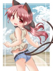 Rule 34 | 1girl, :d, animal ears, ass, bare shoulders, belt, blush, breasts, cat ears, cat girl, cat tail, denim, denim shorts, covered erect nipples, fang, female focus, from behind, impossible clothes, impossible shirt, kaenbyou rin, long hair, looking back, multiple tails, natsu no koucha, open mouth, red eyes, red hair, shirt, short shorts, shorts, small breasts, smile, solo, tail, tank top, touhou, twintails