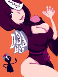 Rule 34 | 1girl, amputee, anna graem, breasts, cleavage cutout, clothing cutout, cosplay, hair over one eye, highres, jiangshi, jiangshi costume, lzmdru4 1, medium breasts, ofuda, ofuda on head, open mouth, orange background, outstretched arms, pixel art, va-11 hall-a, zombie pose