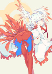 Rule 34 | 10s, 1girl, absurdres, ass, beige background, bent over, blue gloves, blunt bangs, blush, disembodied hand, gloves, head wings, highres, japanese crested ibis (kemono friends), japari symbol, kemono friends, litsvn, long hair, long sleeves, looking back, miniskirt, pantyhose, red gloves, red hair, red pantyhose, red skirt, shirt, simple background, skirt, solo focus, spread pussy under clothes, tail, wavy mouth, white hair, white shirt, wide sleeves, wings, yellow eyes