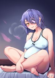 Rule 34 | 1girl, bare legs, barefoot, bedroom, blush, breasts, cleavage, closed mouth, covered erect nipples, eyepatch, feet, hair between eyes, headgear, highres, jewelry, kantai collection, lactation, lactation through clothes, large breasts, looking at viewer, on bed, pregnant, purple hair, ring, saitou teikoku, shirt, short hair, sitting, smile, soles, solo, tenryuu (kancolle), wedding band, white shirt