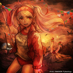 1girl akaneko_(redakanekocat) buruma collarbone commentary_request copyright_name dark-skinned_female dark_skin flag floating_hair hairband highres holding holding_flag jacket long_hair long_sleeves open_clothes open_jacket open_mouth partially_buried pennant pink_hair pixiv_fantasia pixiv_fantasia_fallen_kings pointy_ears red_buruma red_hairband red_jacket red_theme sharp_teeth string_of_flags teeth twintails