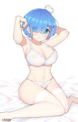 Rule 34 | 1girl, armpits, arms up, bare arms, bare shoulders, blue eyes, blue hair, blush, bra, breasts, cleavage, closed mouth, collarbone, commentary request, eyes visible through hair, flower, foot out of frame, foreshortening, hair flower, hair ornament, hair over one eye, large breasts, lixiao lang, looking at viewer, navel, panties, re:zero kara hajimeru isekai seikatsu, rem (re:zero), short hair, sitting, solo, stomach, thighhighs, underwear, wavy mouth, white background, white bra, white flower, white panties, white thighhighs, x hair ornament