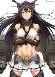 Rule 34 | 10s, 1girl, anchor, arm warmers, artist name, bare shoulders, belt, black hair, breast hold, breasts, cannon, cleavage, closed mouth, collar, crossed arms, garter straps, groin, hair between eyes, headgear, kantai collection, large breasts, legs apart, long hair, machinery, nagato (kancolle), navel, pleated skirt, red eyes, sakiyamama, serious, simple background, skirt, solo, stomach, thighhighs, turret, very long hair, vest, white background, white skirt, white vest, zettai ryouiki