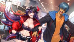 Rule 34 | 1boy, 1girl, action taimanin, bag, belt, breasts, cleavage, fang, fuuma kotarou (taimanin series), game cg, hair between eyes, handbag, hat, highres, horns, jacket, large breasts, midriff, multicolored hair, non-web source, open clothes, open jacket, pulling, purple hair, red hair, red jacket, shop, shopping, spinel (action taimanin), strapless, taimanin (series), tube top, two-tone hair, yellow eyes