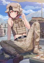 Rule 34 | 1girl, 4boys, artist name, ass, black bra, bra, camouflage, camouflage pants, canteen, chest rig, cloud, cloudy sky, combat helmet, commentary, commission, english commentary, field ration, food, fork, green pants, helmet, highres, looking at viewer, makiyo shine, military base, multiple boys, orange hair, original, pants, pink hair, skeb commission, sky, stomach, sweat, underwear, united states army, vest, war in afghanistan, woodland camouflage, yellow vest