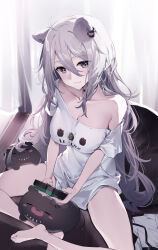 Rule 34 | 1girl, animal ears, bare shoulders, barefoot, breasts, cleavage, closed mouth, clothes writing, ear piercing, fang, grey eyes, grey hair, hair between eyes, highres, hololive, large breasts, lion ears, lion girl, long hair, looking at viewer, off shoulder, piercing, shirt, shishiro botan, shishiro botan (casual), smile, solo, ssrb (shishiro botan), t-shirt, thighs, toes, virtual youtuber, white shirt, yaguo