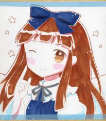 Rule 34 | 1girl, ;), blue bow, blue dress, blunt bangs, bow, brown hair, closed mouth, commentary request, dress, ellipsis (mitei), fairy wings, hair bow, hand up, highres, index finger raised, long hair, looking at viewer, one eye closed, shikishi, sidelocks, smile, solo, split mouth, star (symbol), star sapphire, touhou, traditional media, upper body, wings